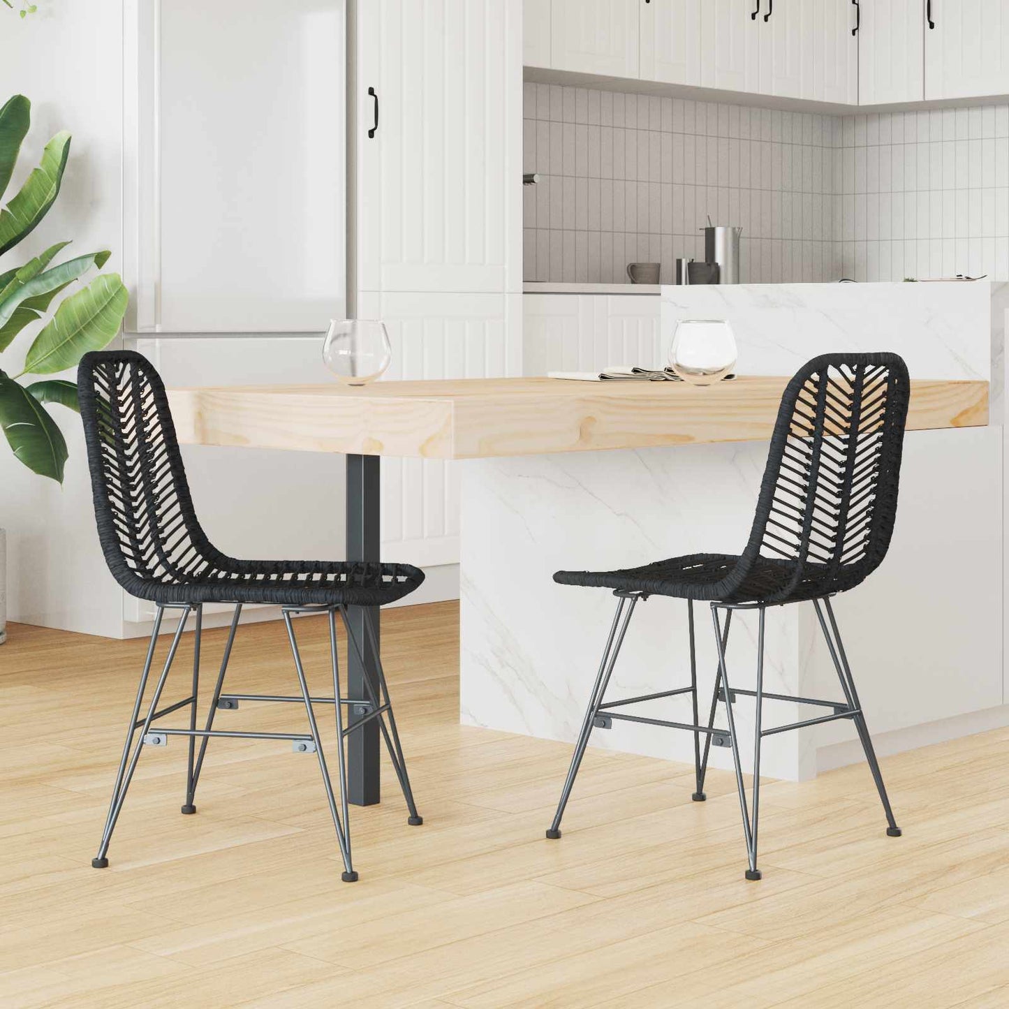Dining Chair 2 pcs Rattan and Iron Black 44.5 x 54.5 x 85 cm