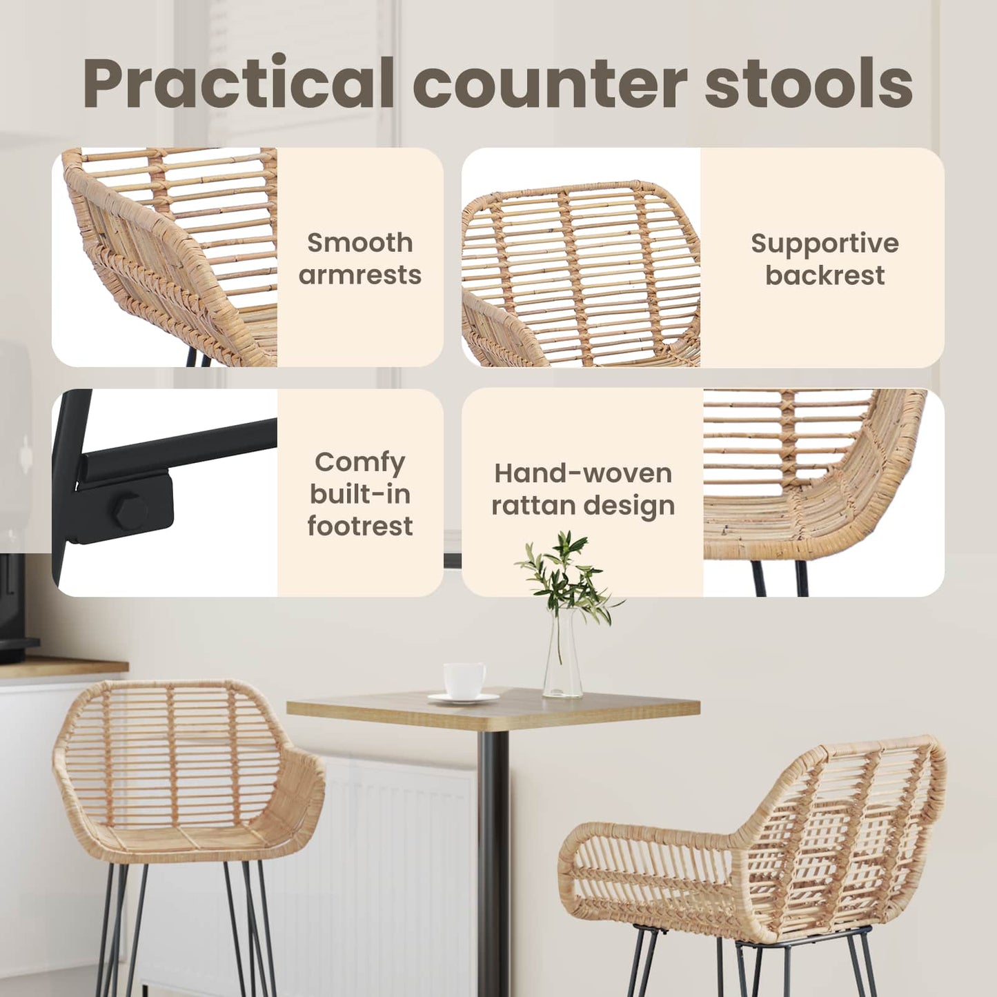 Bar Chair 2 pcs 55 x 52 x 92 cm Rattan and Iron