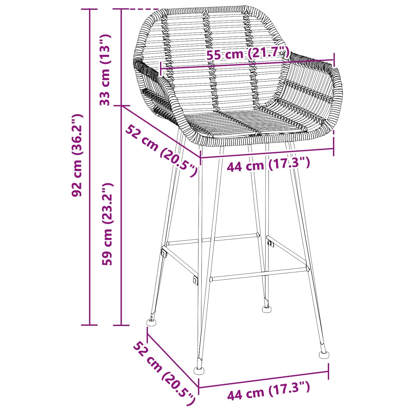 Bar Chair 2 pcs Natural 55 x 52 x 92 cm Rattan and Iron