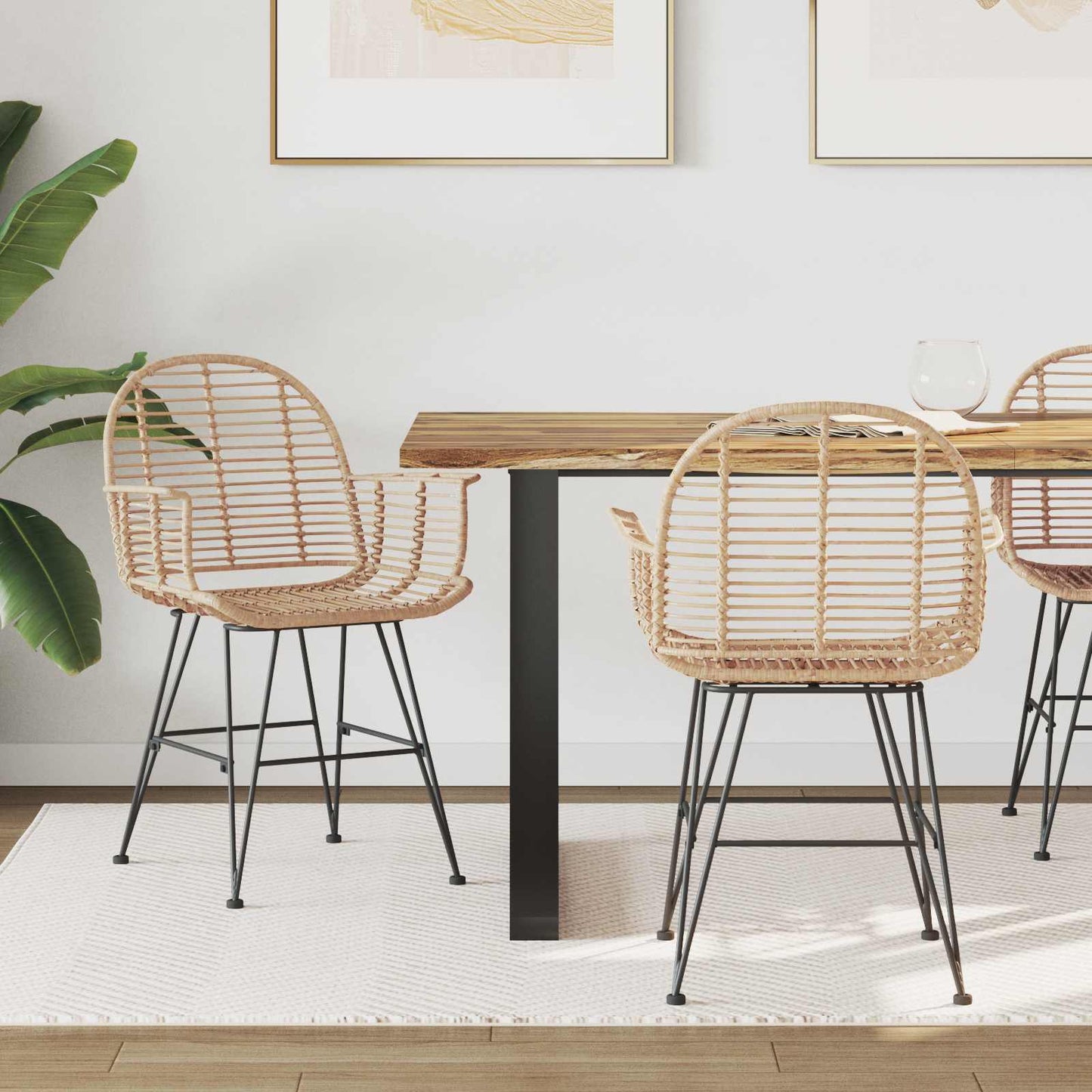 Dining Chair 2 pcs Rattan and Iron Natural 57 x 55 x 85 cm