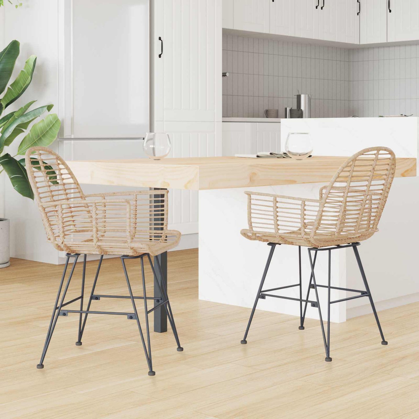 Dining Chair 2 pcs Rattan and Iron Natural 57 x 55 x 85 cm