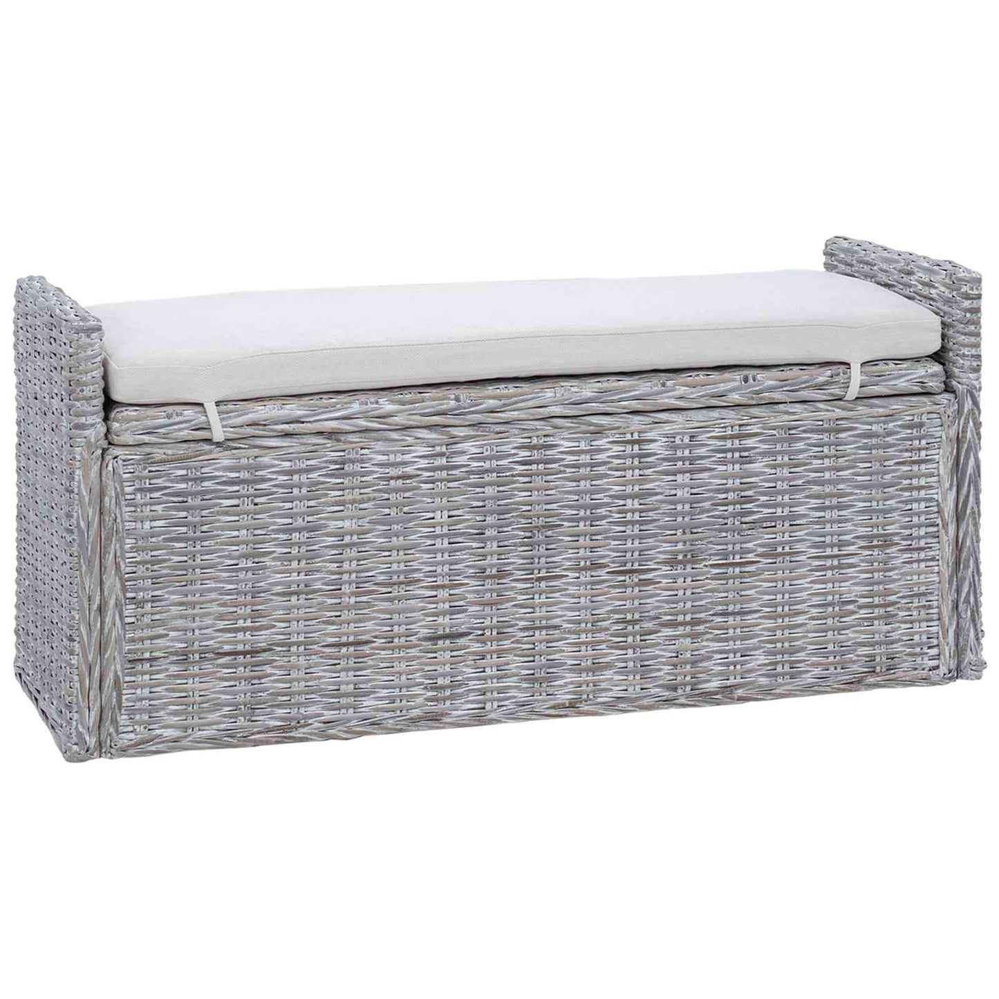 Storage Bench with Cushion White Wash 110 x 40 x 50 cm Rattan
