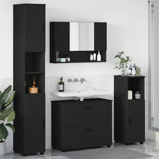 Bathroom Furniture Set 4 pcs Black Engineered Wood and Metal