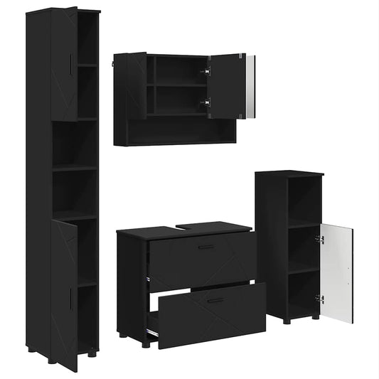 Bathroom Furniture Set 4 pcs Black Engineered Wood and Metal