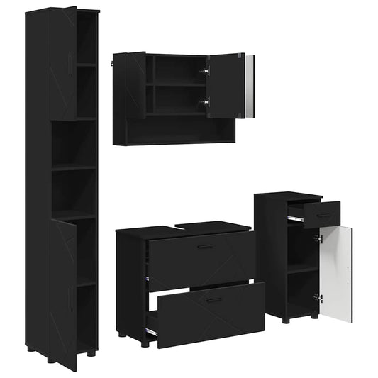 Bathroom Furniture Set 4 pcs Black Engineered Wood and Metal