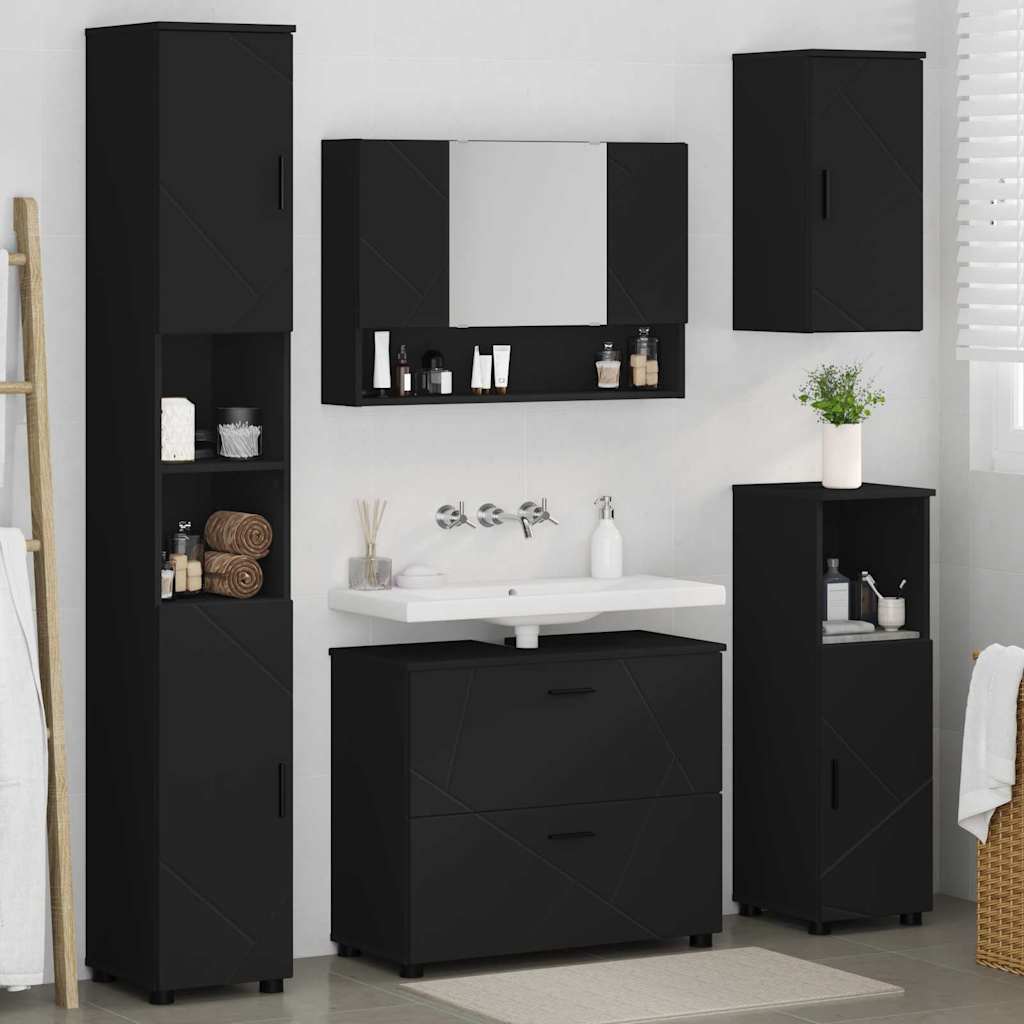 Bathroom Furniture Set 5 pcs Black Engineered Wood and Metal