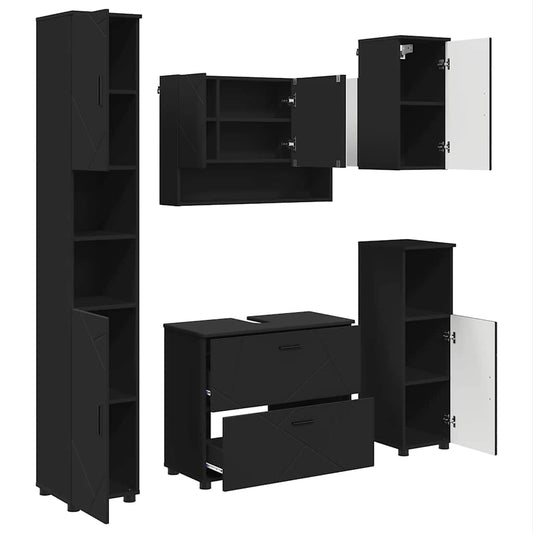 Bathroom Furniture Set 5 pcs Black Engineered Wood and Metal