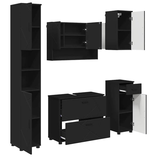 Bathroom Furniture Set 5 pcs Black Engineered Wood and Metal