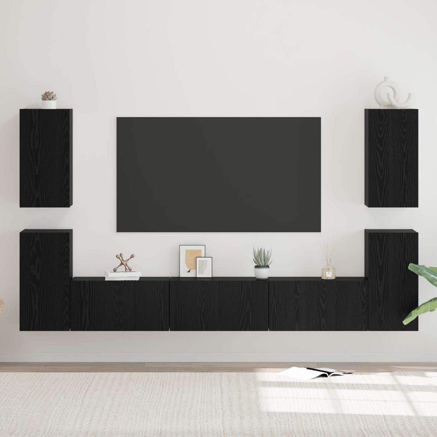TV Cabinet Set Wall-mounted Black Oak Engineered Wood