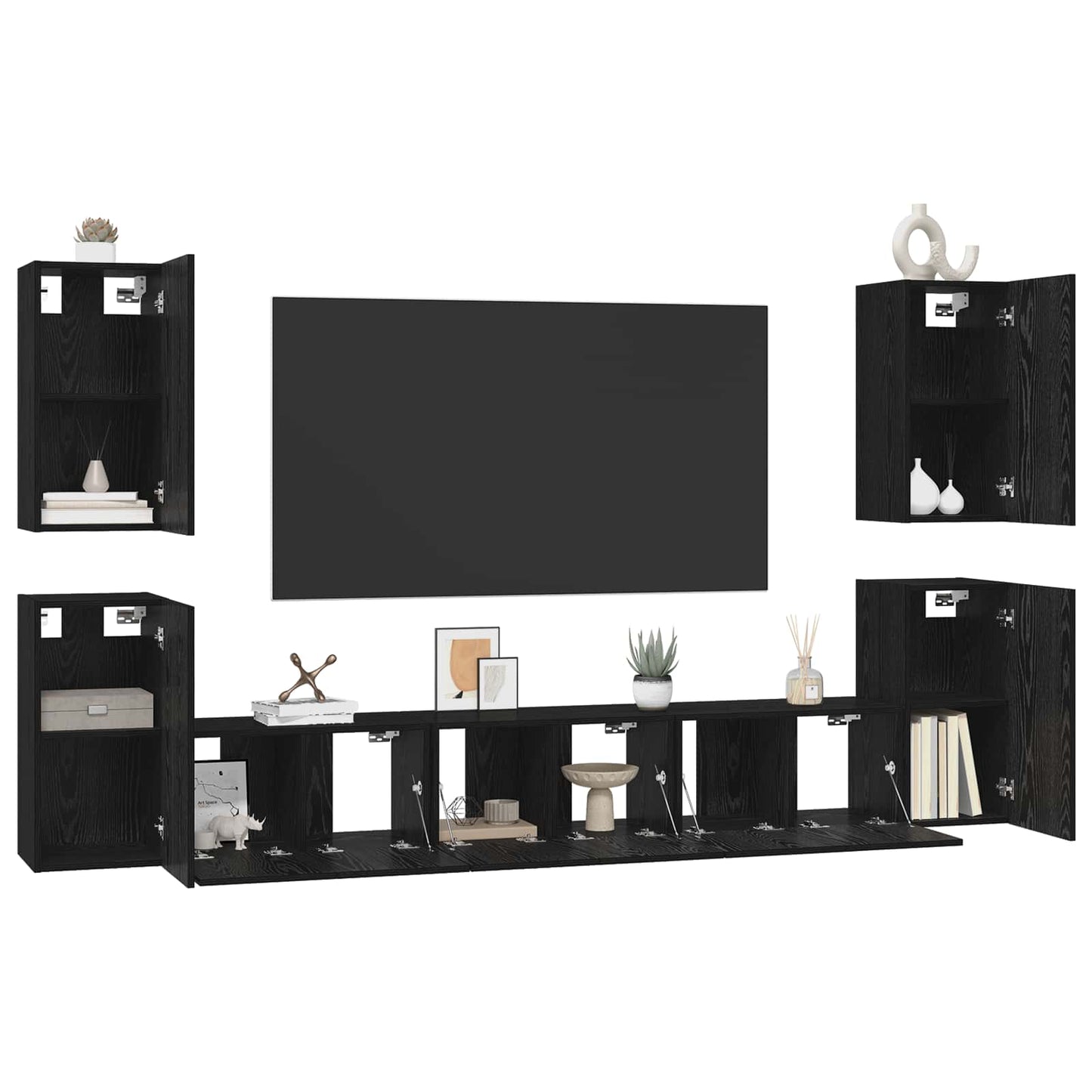 TV Cabinet Set Wall-mounted Black Oak Engineered Wood
