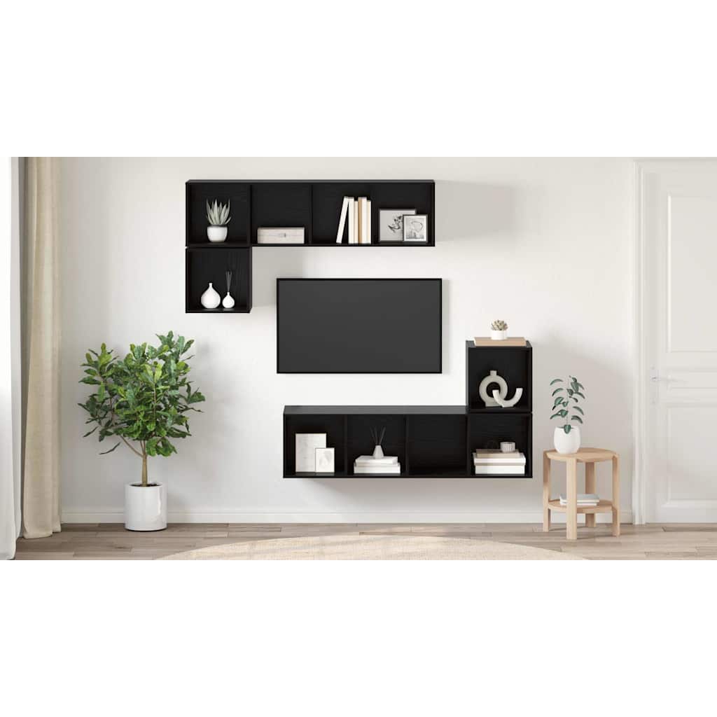 TV Cabinet Set Wall-mounted 4 pcs Black Oak Engineered Wood