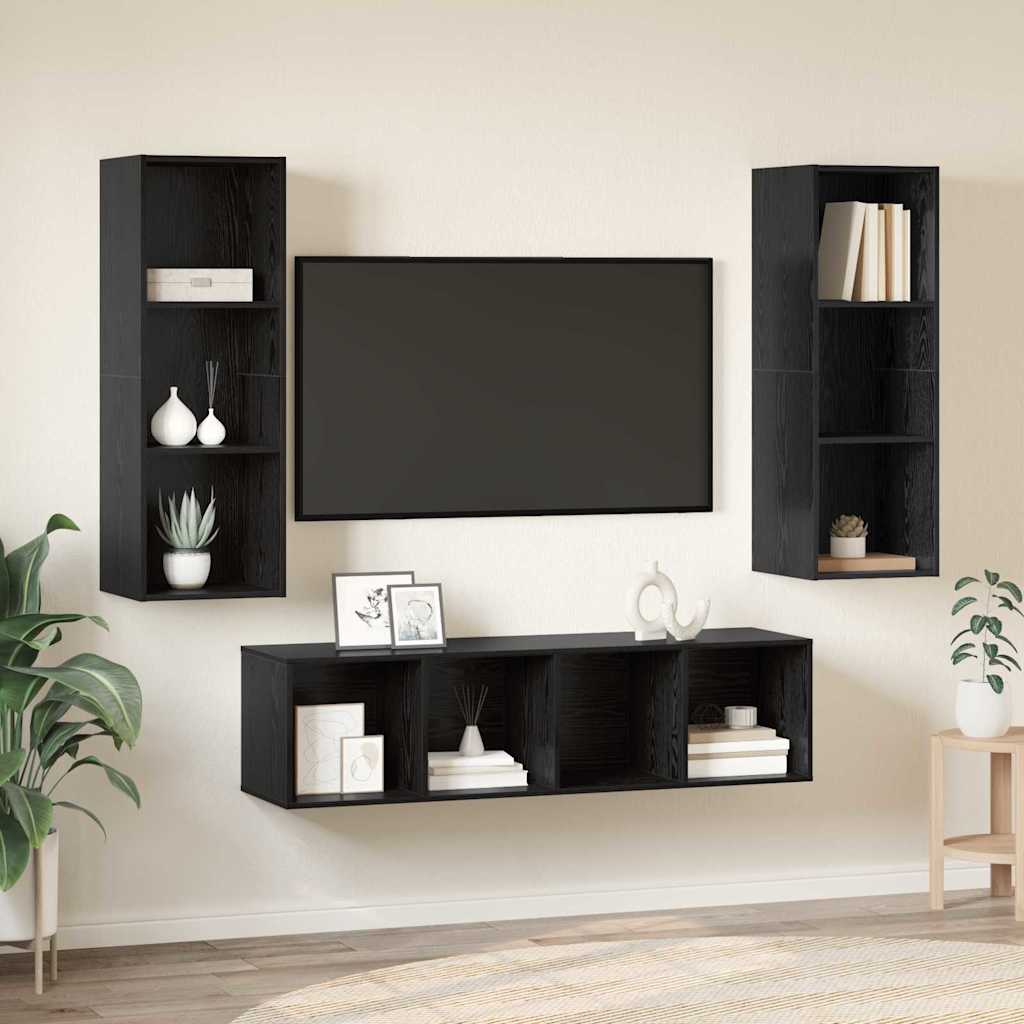 TV Cabinet Set Wall-mounted 3 pcs Black Oak Engineered Wood