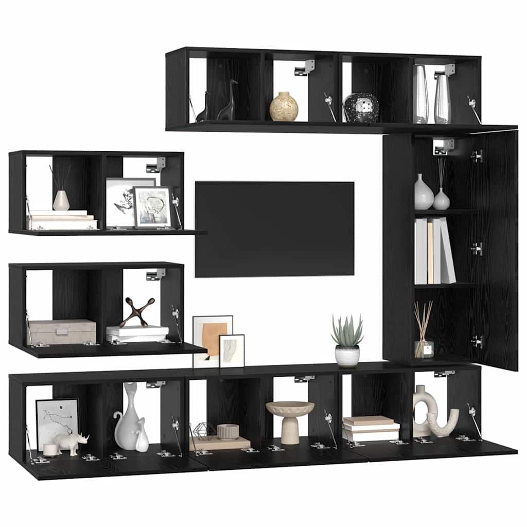 TV Cabinet Set Wall-mounted 8 pcs Black Oak Engineered Wood