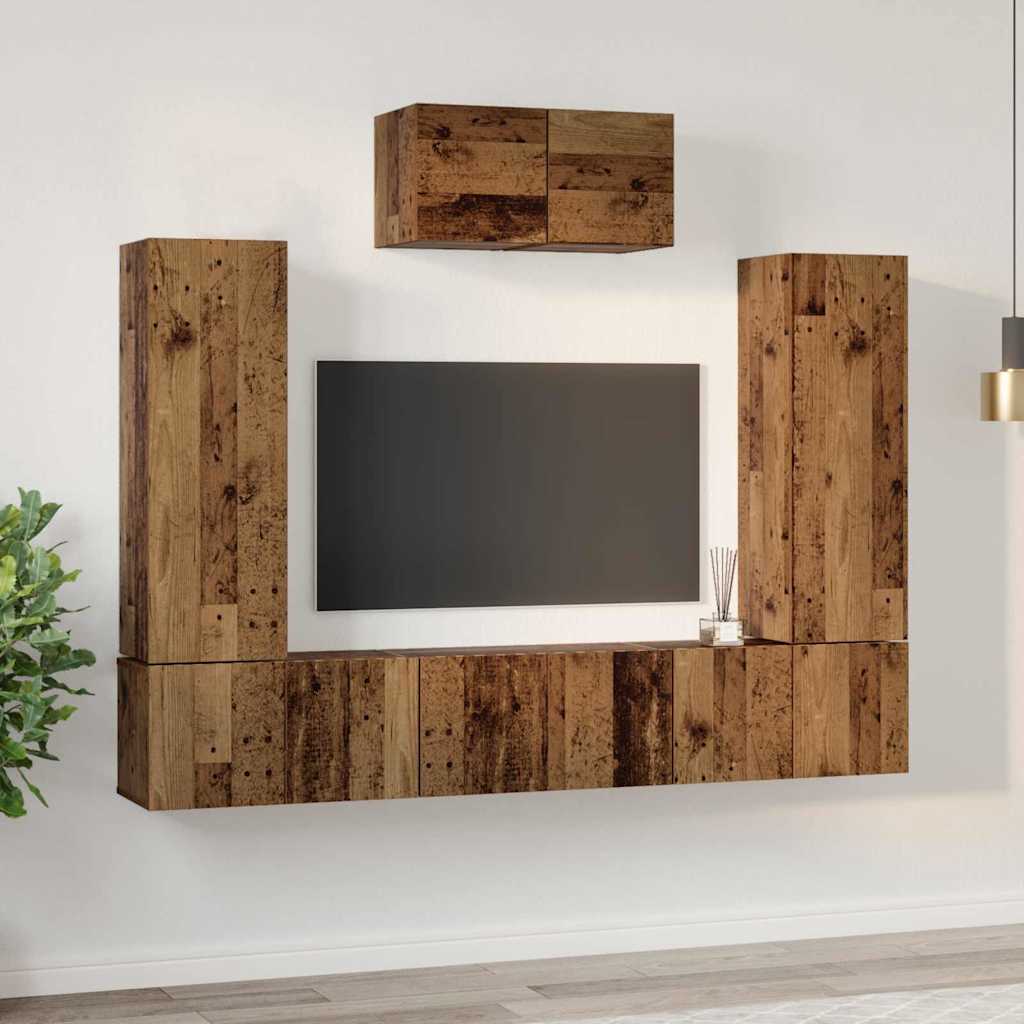 TV Cabinet Set Wall-mounted 7 pcs Old Wood Engineered Wood