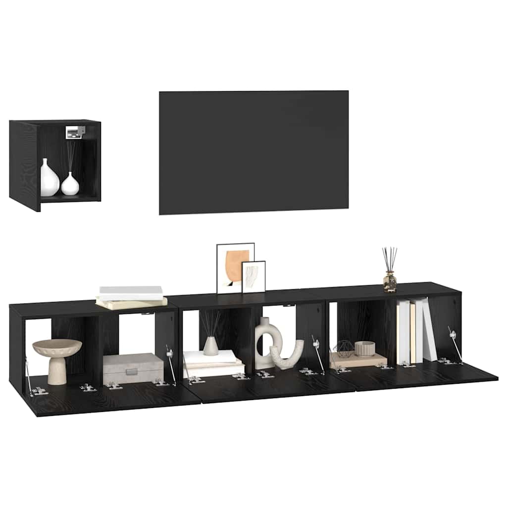 TV Cabinet Set Wall-mounted 4 pcs Black Oak Engineered Wood