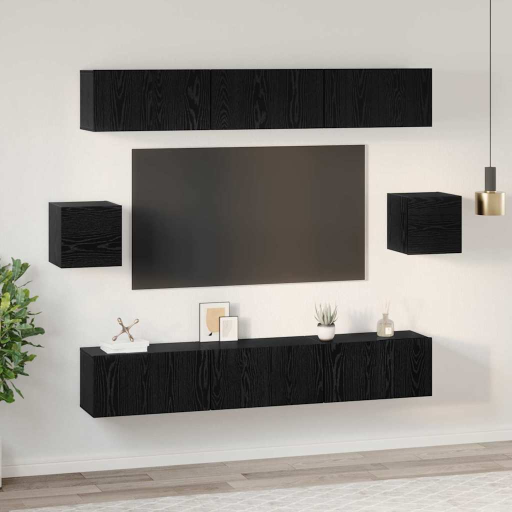 TV Cabinet Set Wall-mounted 8 pcs Black Oak Engineered Wood