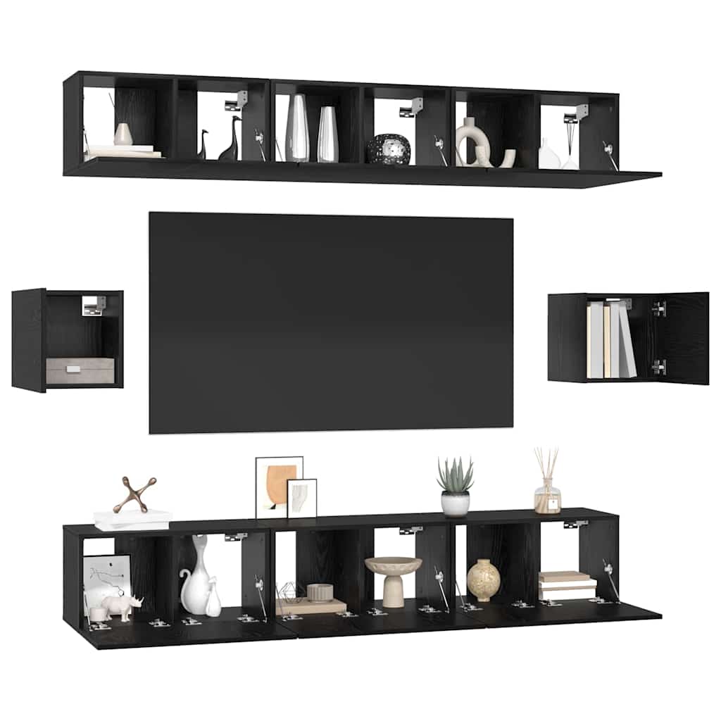 TV Cabinet Set Wall-mounted 8 pcs Black Oak Engineered Wood