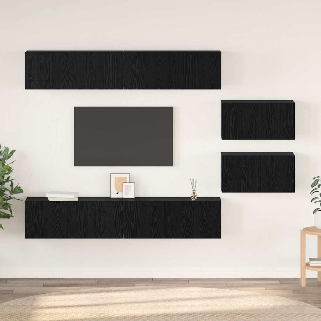 TV Cabinet Set Wall-mounted 6 pcs Black Oak Engineered Wood