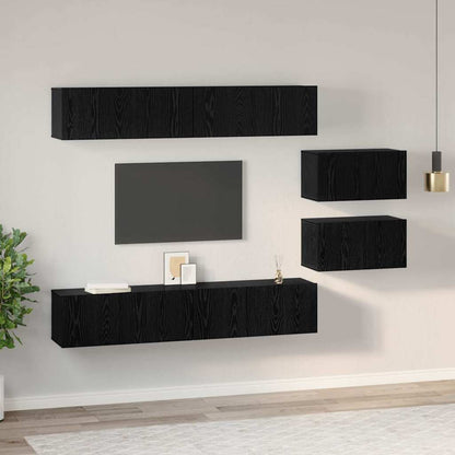TV Cabinet Set Wall-mounted 6 pcs Black Oak Engineered Wood