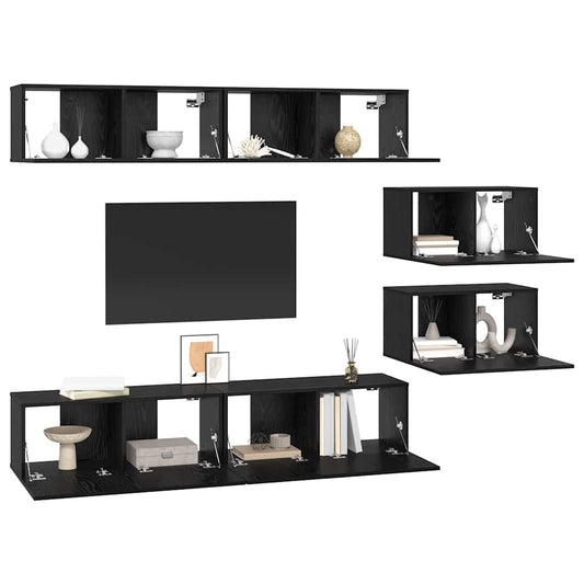 TV Cabinet Set Wall-mounted 6 pcs Black Oak Engineered Wood