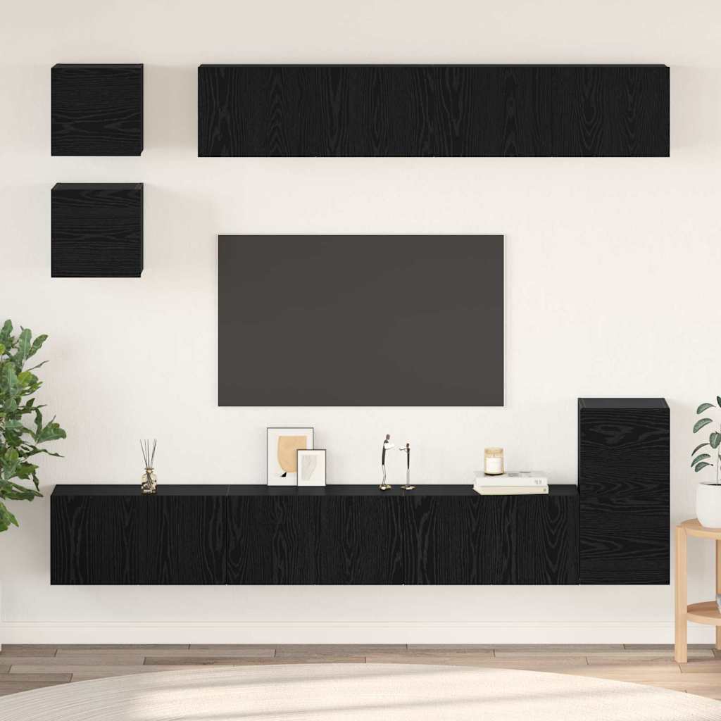 TV Cabinet Set Wall-mounted 8 pcs Black Oak Engineered Wood