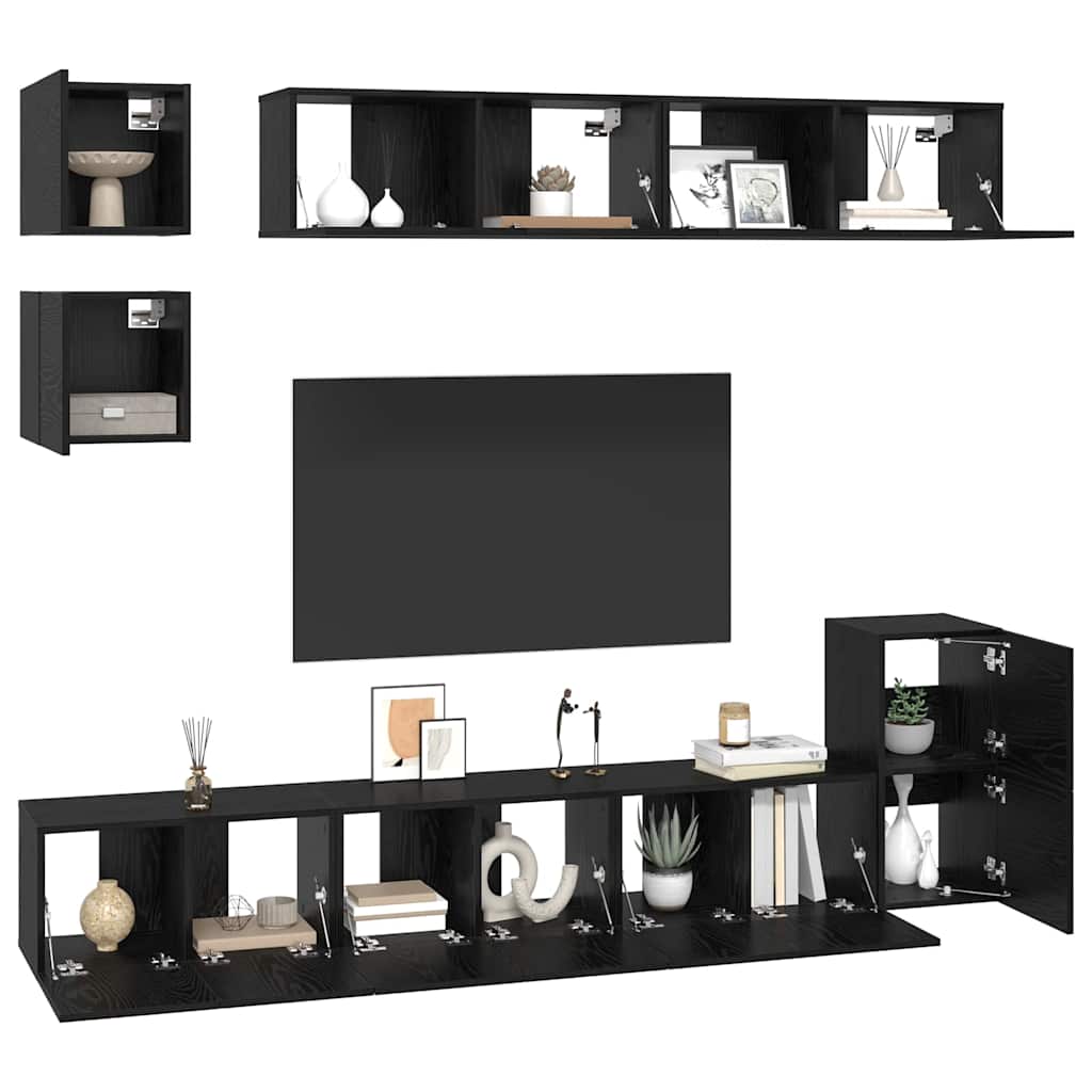 TV Cabinet Set Wall-mounted 8 pcs Black Oak Engineered Wood