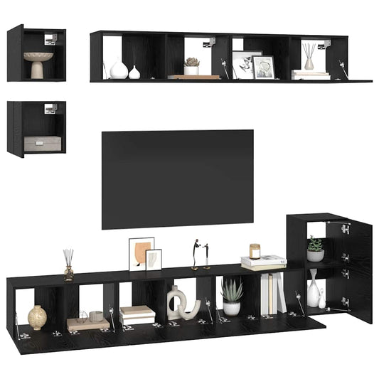 TV Cabinet Set Wall-mounted 8 pcs Black Oak Engineered Wood