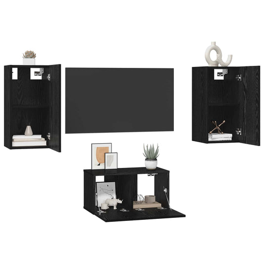 TV Cabinet Set Wall-mounted 3 pcs Black Oak Engineered Wood
