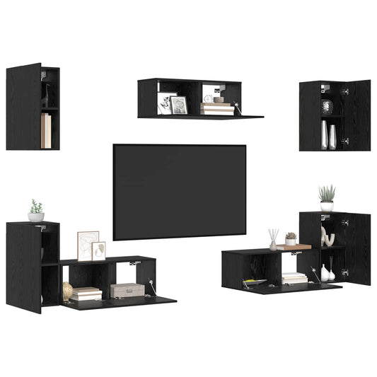 TV Cabinet Set Wall-mounted 7 pcs Black Oak Engineered Wood