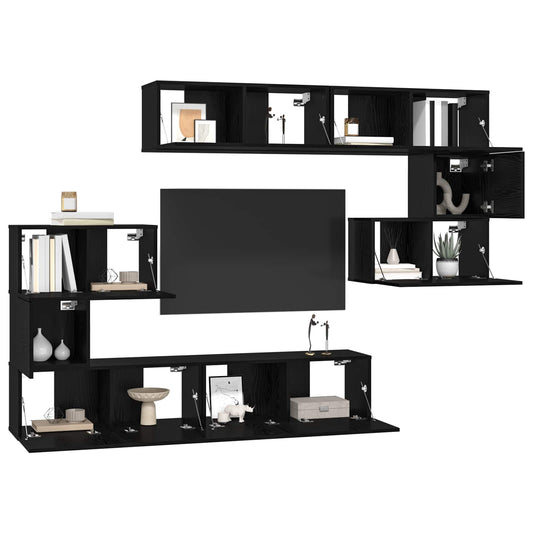 TV Cabinet Set Wall-mounted 8 pcs Black Oak Engineered Wood