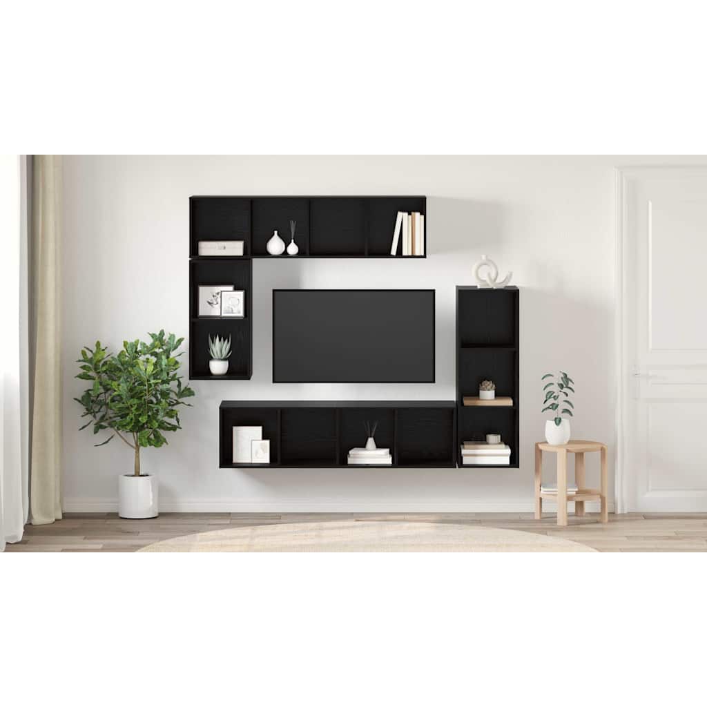 TV Cabinet Set Wall-mounted 4 pcs Black Oak Engineered Wood