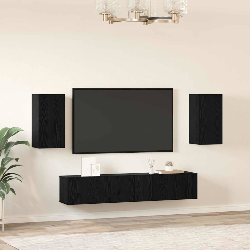 TV Cabinet Set Wall-mounted 4 pcs Black Oak Engineered Wood