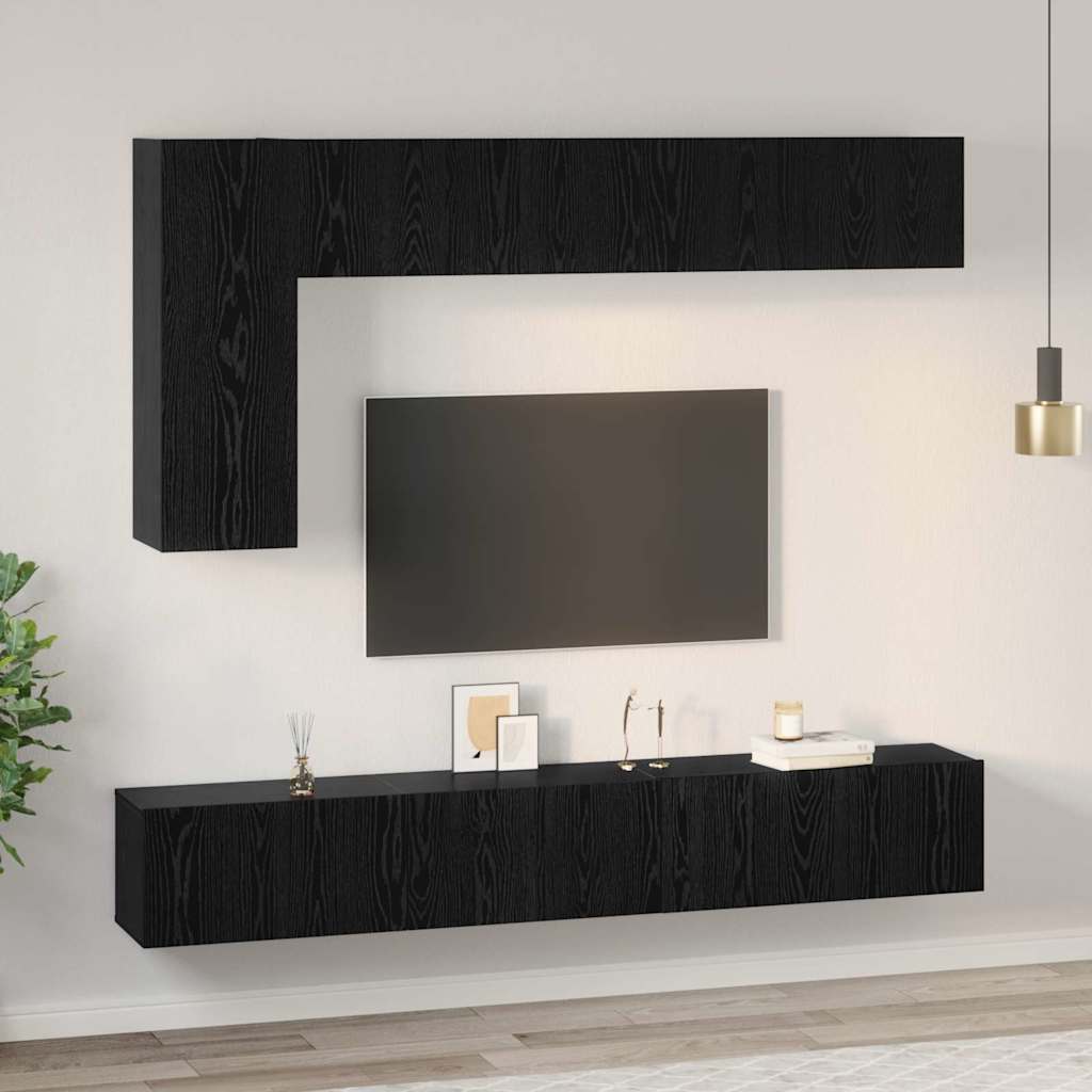 TV Cabinet Set Wall-mounted 6 pcs Black Oak Engineered Wood