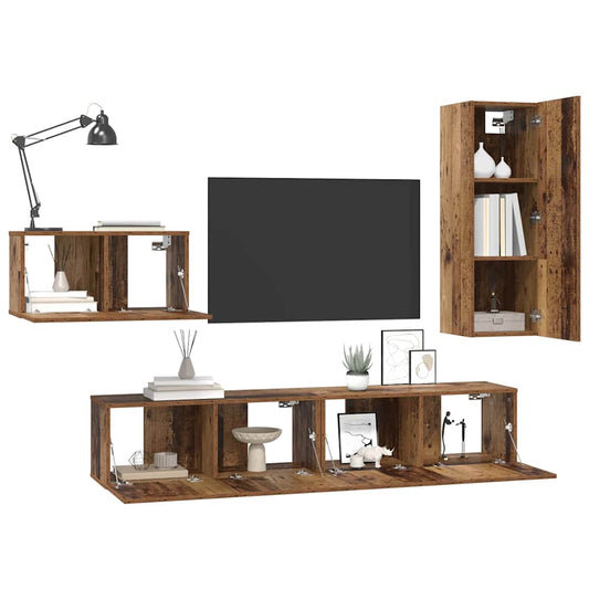 TV Cabinet Set with Drawer 4 pcs Old Wood Engineered Wood