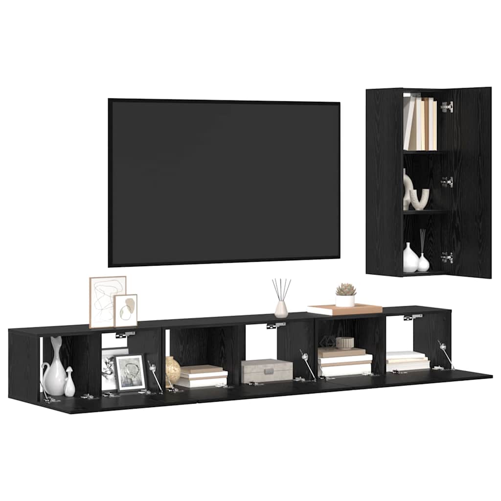 TV Cabinet Set with Drawer 4 pcs Black Oak Engineered Wood