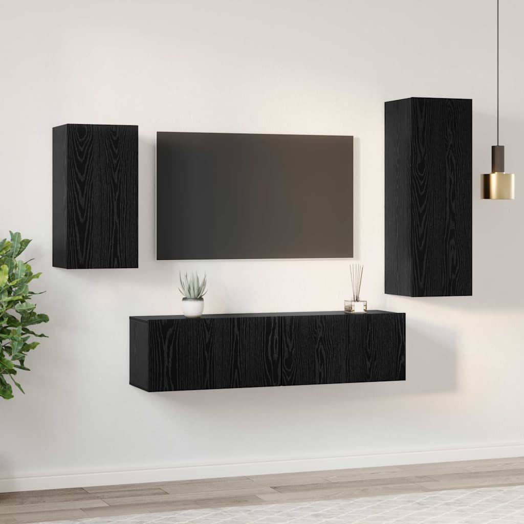 TV Cabinet Set Wall-mounted 4 pcs Black Oak Engineered Wood