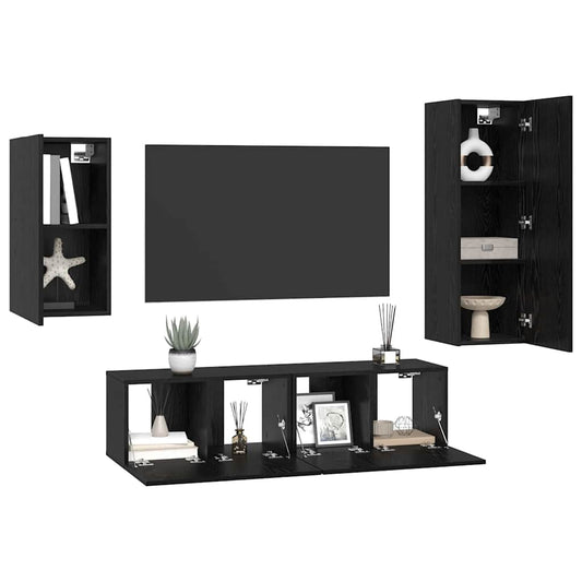 TV Cabinet Set Wall-mounted 4 pcs Black Oak Engineered Wood