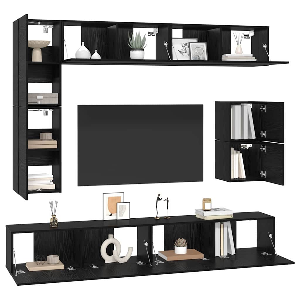 TV Cabinet Set Wall-mounted 8 pcs Black Oak Engineered Wood