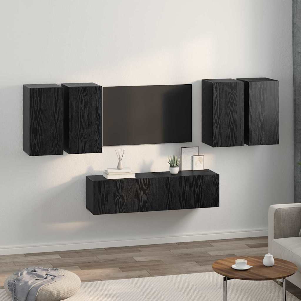 TV Cabinet Set Wall-mounted Black Oak Engineered Wood