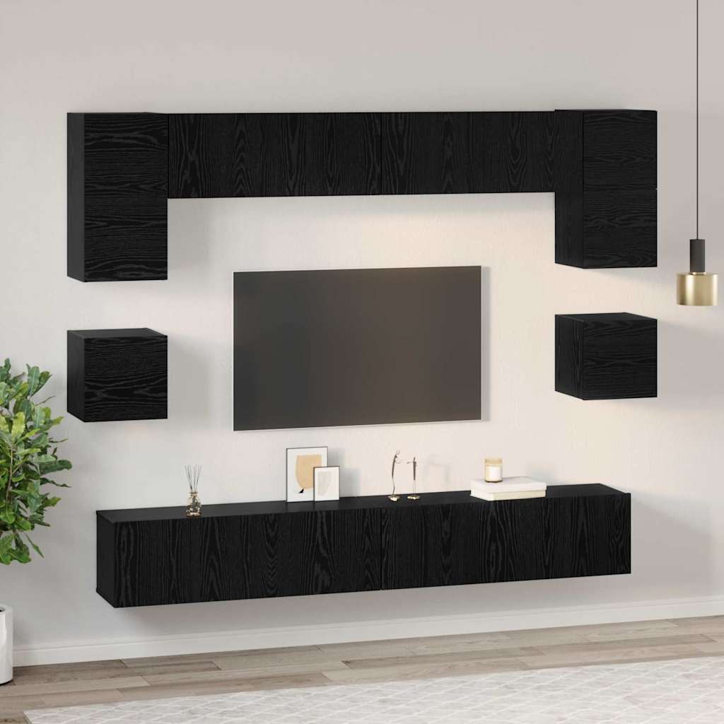 TV Cabinet Set Wall-mounted 8 pcs Black Oak Engineered Wood