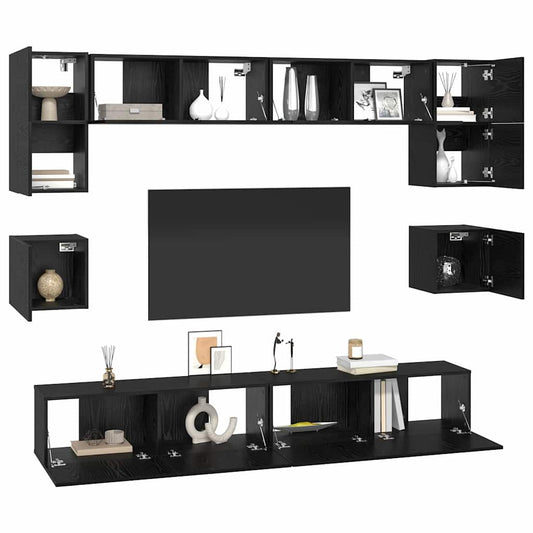 TV Cabinet Set Wall-mounted 8 pcs Black Oak Engineered Wood