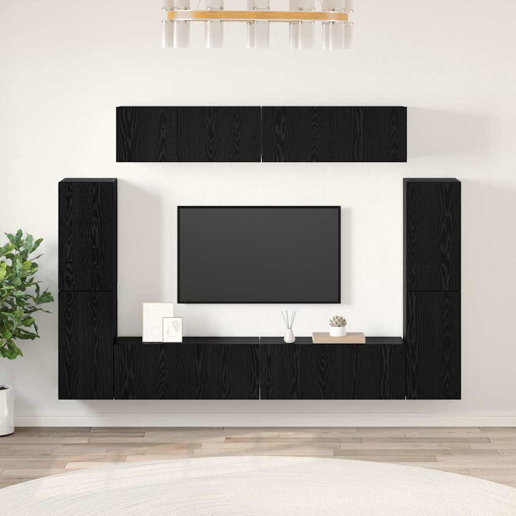 TV Cabinet Set Wall-mounted 8 pcs Black oak Engineered wood