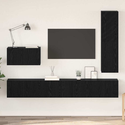 TV Cabinet Set with Drawer 4 pcs Black Oak Engineered Wood