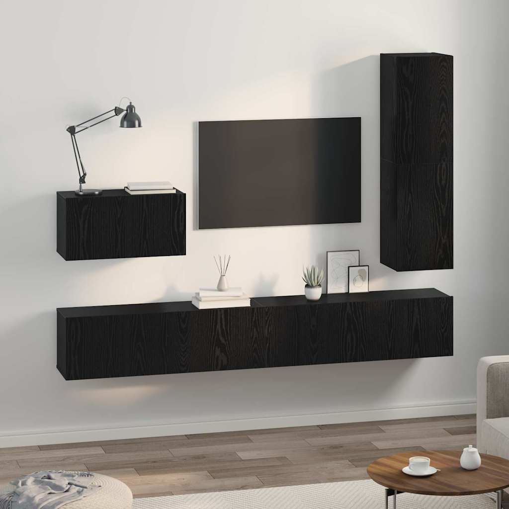TV Cabinet Set with Drawer 4 pcs Black Oak Engineered Wood