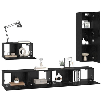 TV Cabinet Set with Drawer 4 pcs Black Oak Engineered Wood