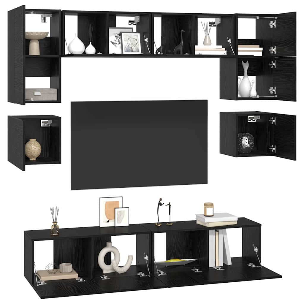 TV Cabinet Set Wall-mounted 8 pcs Black Oak Engineered Wood