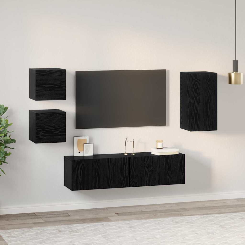 TV Cabinet Set Wall-mounted 5 pcs Black Oak Engineered Wood