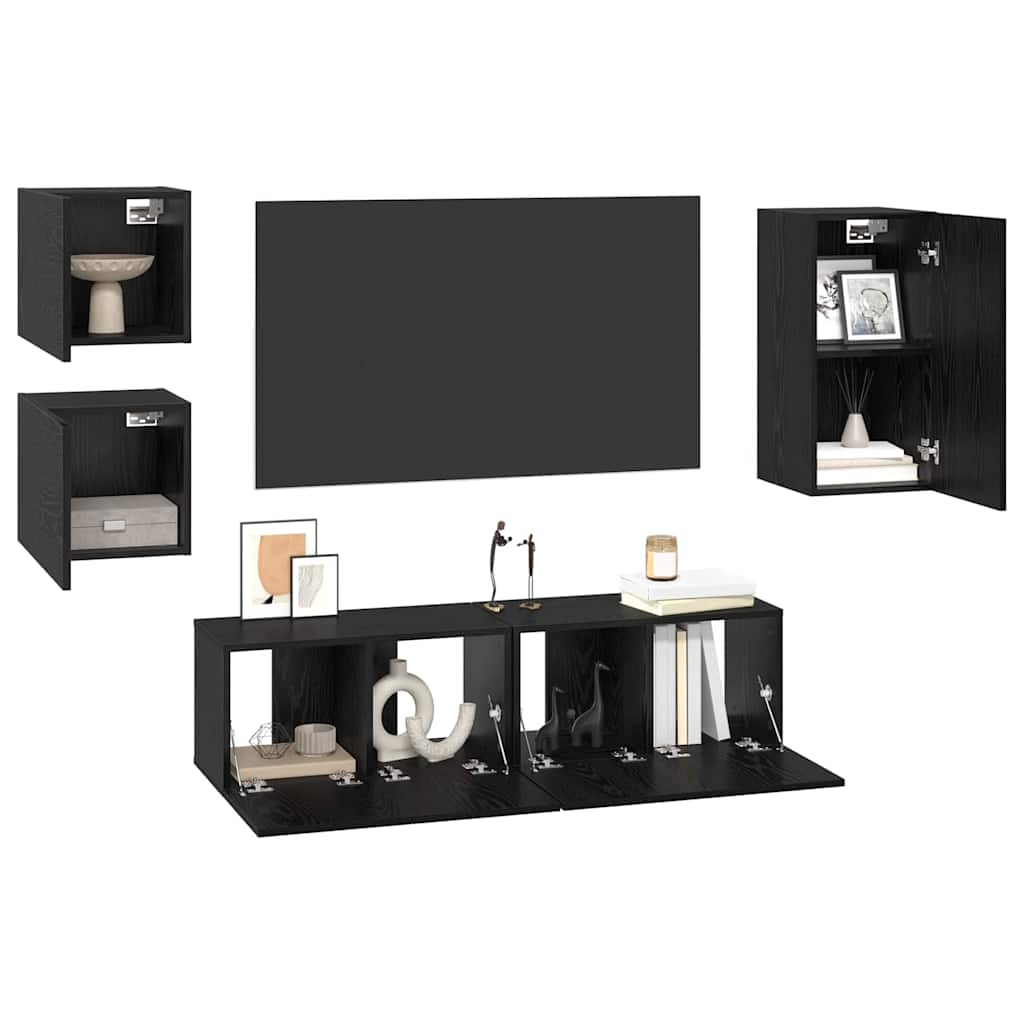 TV Cabinet Set Wall-mounted 5 pcs Black Oak Engineered Wood