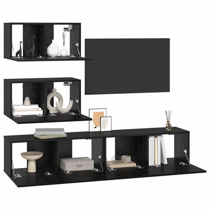 TV Cabinet Set Wall-mounted 4 pcs Black Oak Engineered Wood