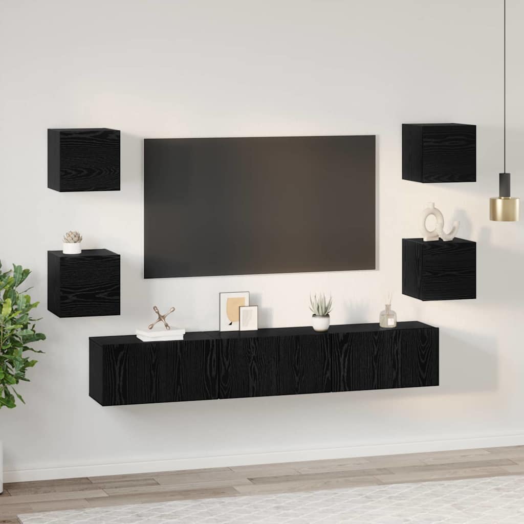 TV Cabinet Set Wall-mounted 7 pcs Black Oak Engineered Wood